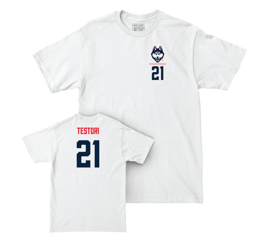 UConn Men's Soccer Logo White Comfort Colors Tee - Scott Testori | #21 Small