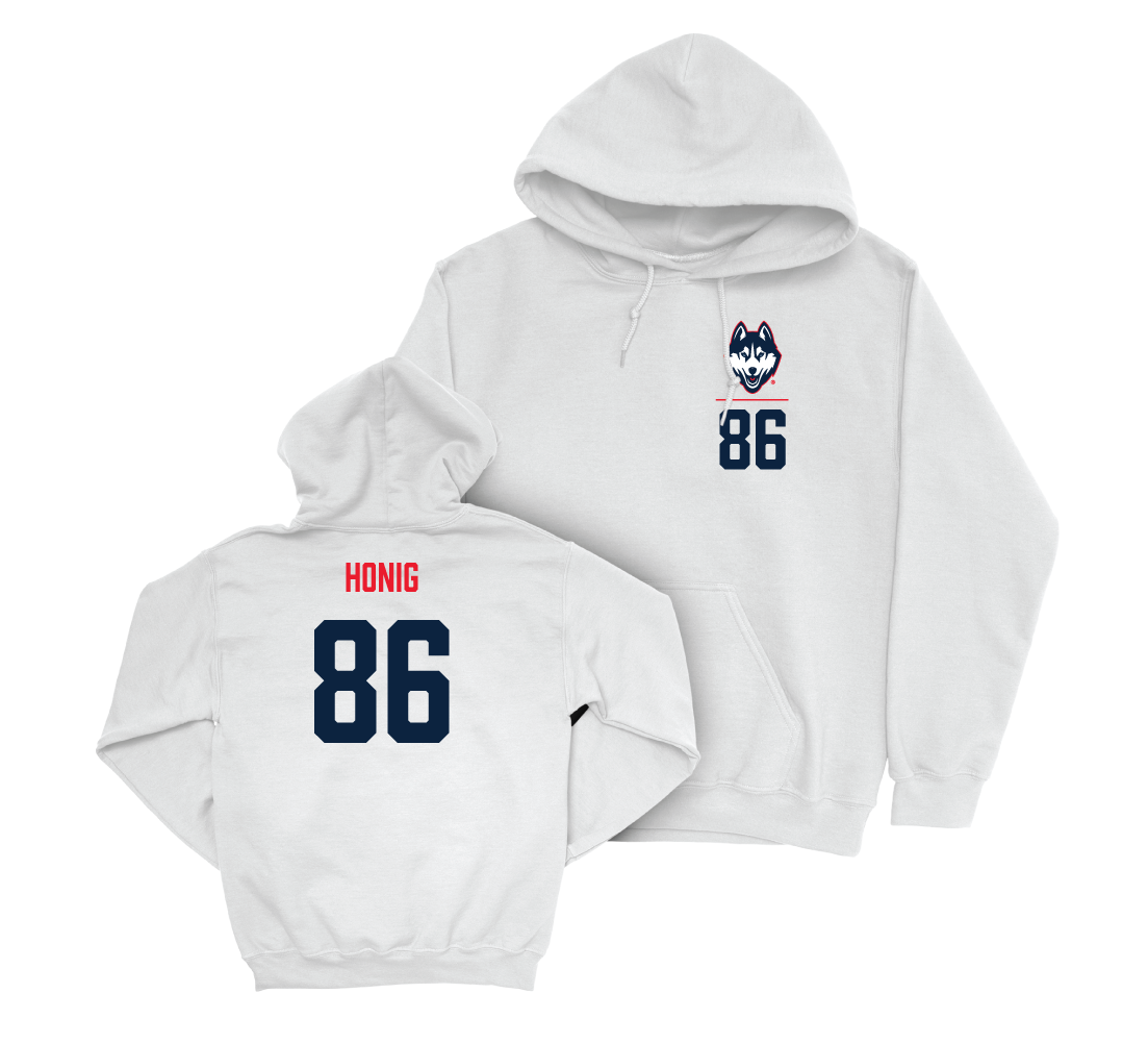 UConn Football Logo White Hoodie - Alexander Honig | #86 Small