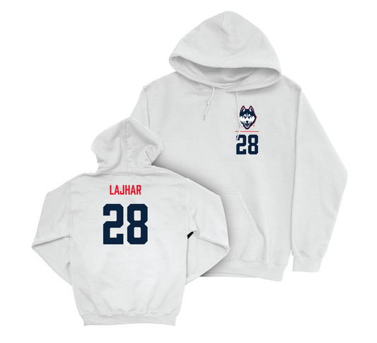 UConn Men's Soccer Logo White Hoodie - Ayoub Lajhar | #28 Small