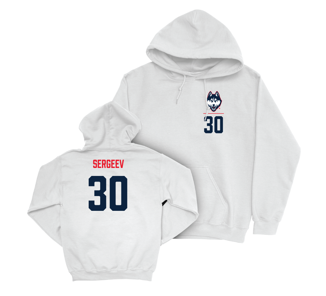 UConn Ice Hockey Logo White Hoodie - Arsenii Sergeev | #30 Small