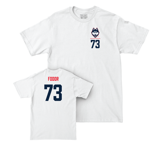 UConn Football Logo White Comfort Colors Tee - Brady Fodor | #73 Small