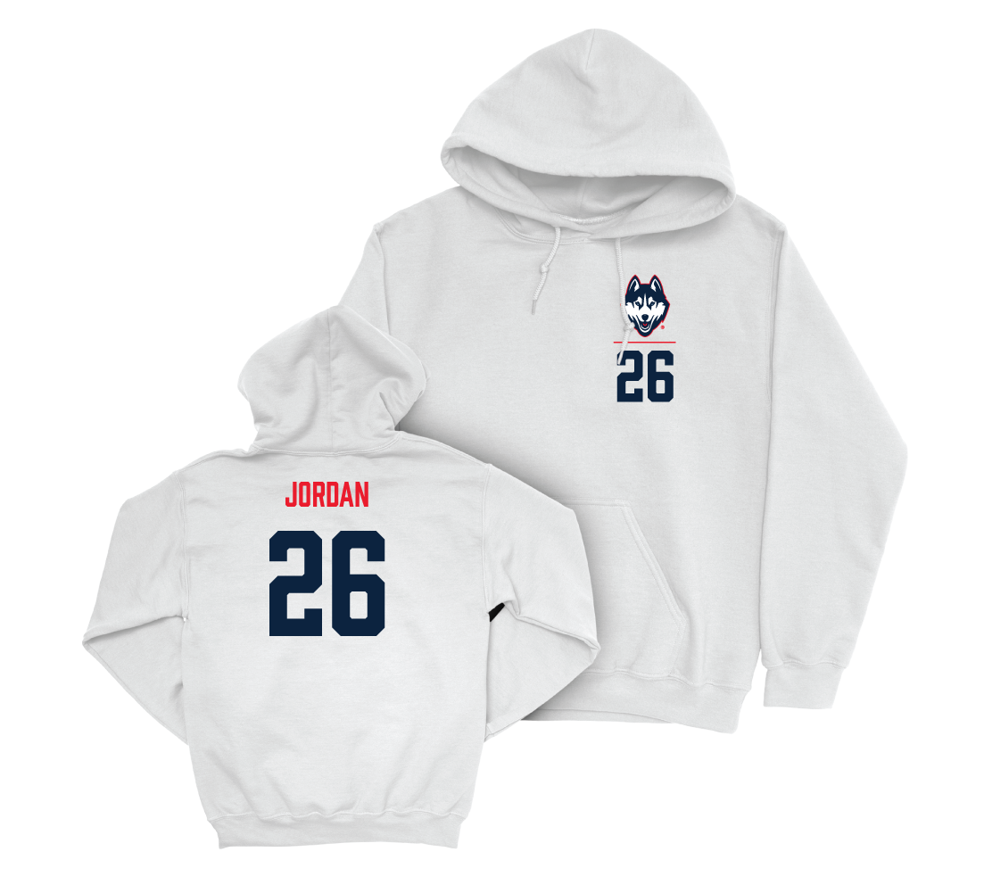 UConn Women's Soccer Logo White Hoodie - Cara Jordan | #26 Small