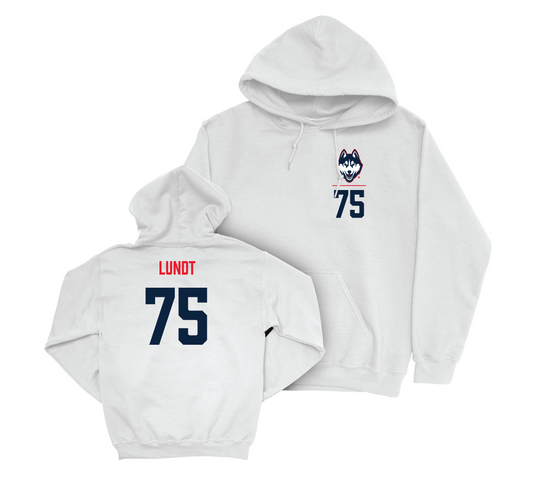 UConn Football Logo White Hoodie - Chase Lundt | #75 Small