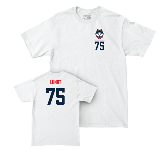 UConn Football Logo White Comfort Colors Tee - Chase Lundt | #75 Small