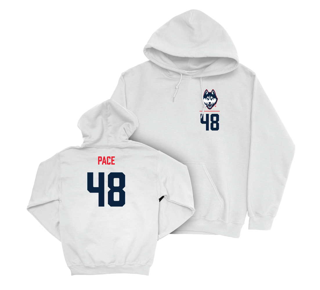 UConn Football Logo White Hoodie - Connor Pace | #48 Small