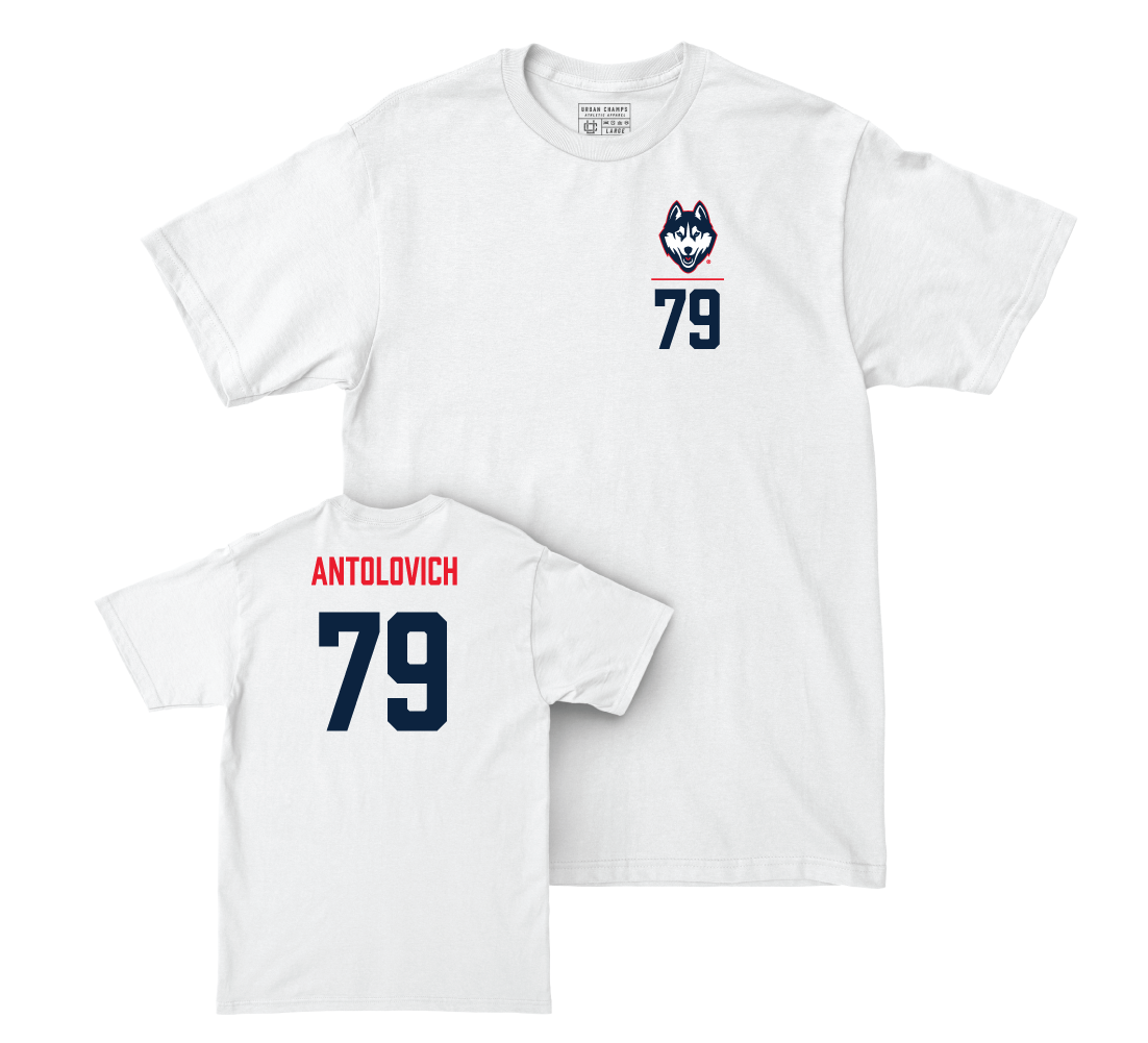 UConn Football Logo White Comfort Colors Tee - Daniel Antolovich | #79 Small