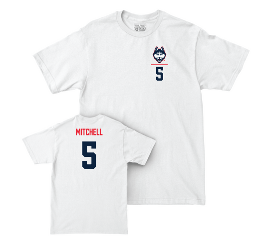 UConn Football Logo White Comfort Colors Tee - Jalen Mitchell | #5 Small