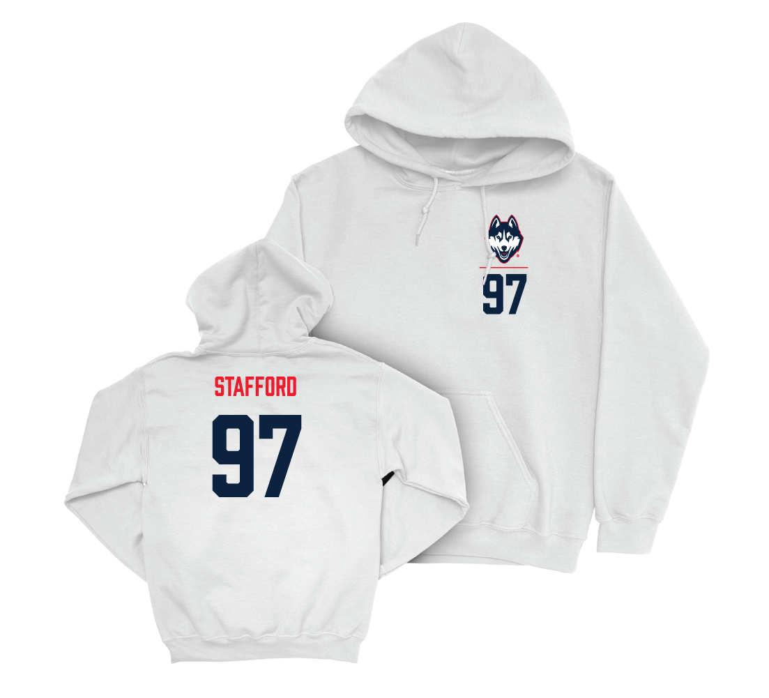 UConn Football Logo White Hoodie - Jelani Stafford | #97 Small