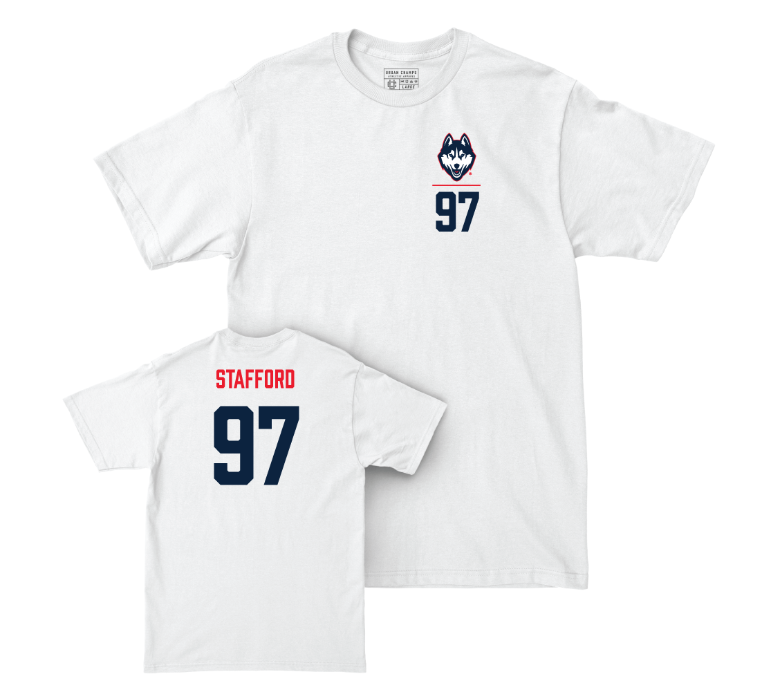 UConn Football Logo White Comfort Colors Tee - Jelani Stafford | #97 Small