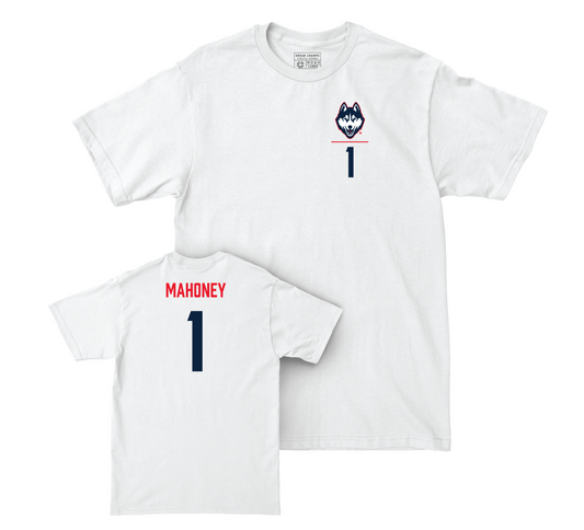 UConn Women's Soccer Logo White Comfort Colors Tee - Kaitlyn Mahoney | #1 Small