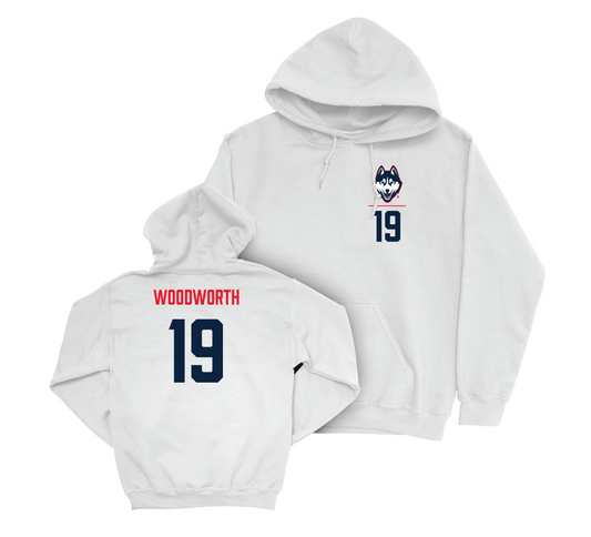 UConn Women's Ice Hockey Logo White Hoodie - Megan Woodworth | #19 Small