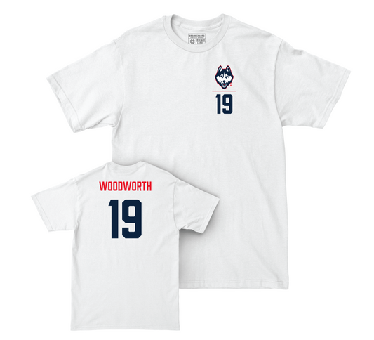 UConn Women's Ice Hockey Logo White Comfort Colors Tee - Megan Woodworth | #19 Small