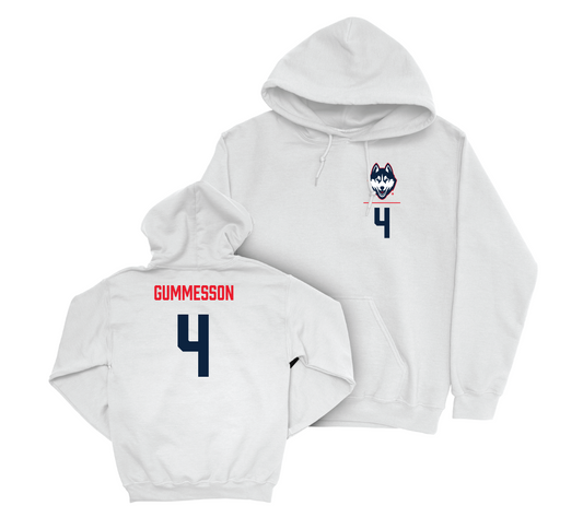UConn Men's Soccer Logo White Hoodie - Max Gummesson | #4 Small