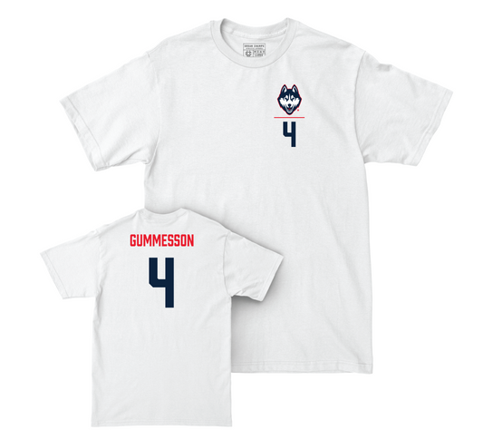 UConn Men's Soccer Logo White Comfort Colors Tee - Max Gummesson | #4 Small