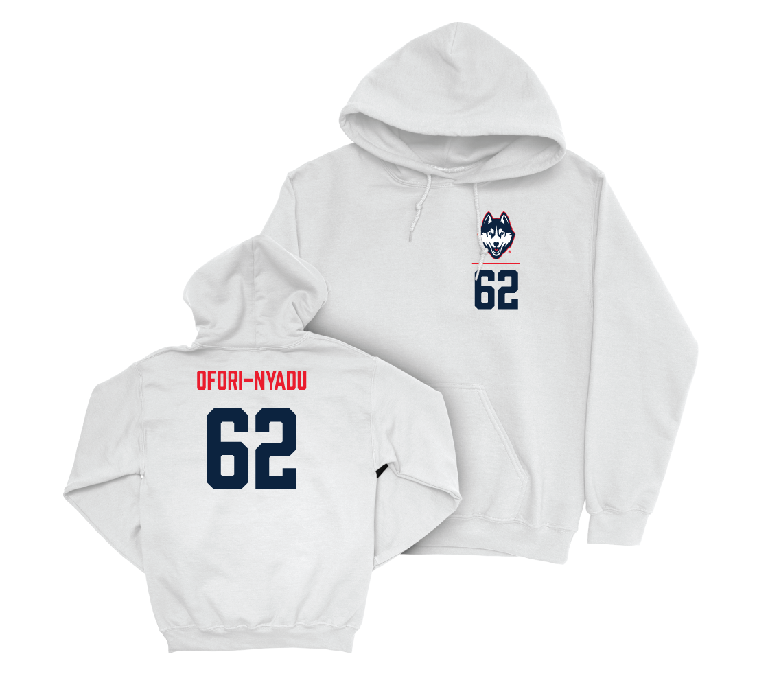 UConn Football Logo White Hoodie - Noel Ofori-Nyadu | #62 Small