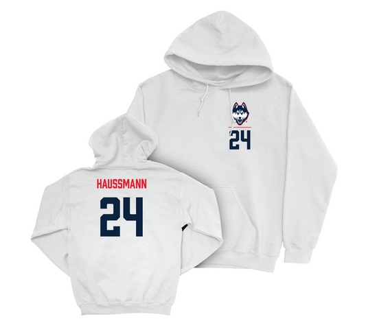 UConn Women's Soccer Logo White Hoodie - Sophia Haussmann | #24 Small