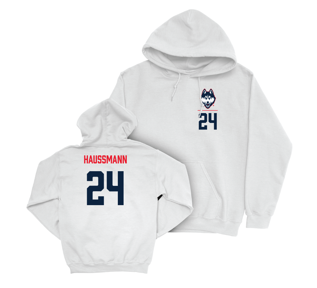 UConn Women's Soccer Logo White Hoodie - Sophia Haussmann | #24 Small