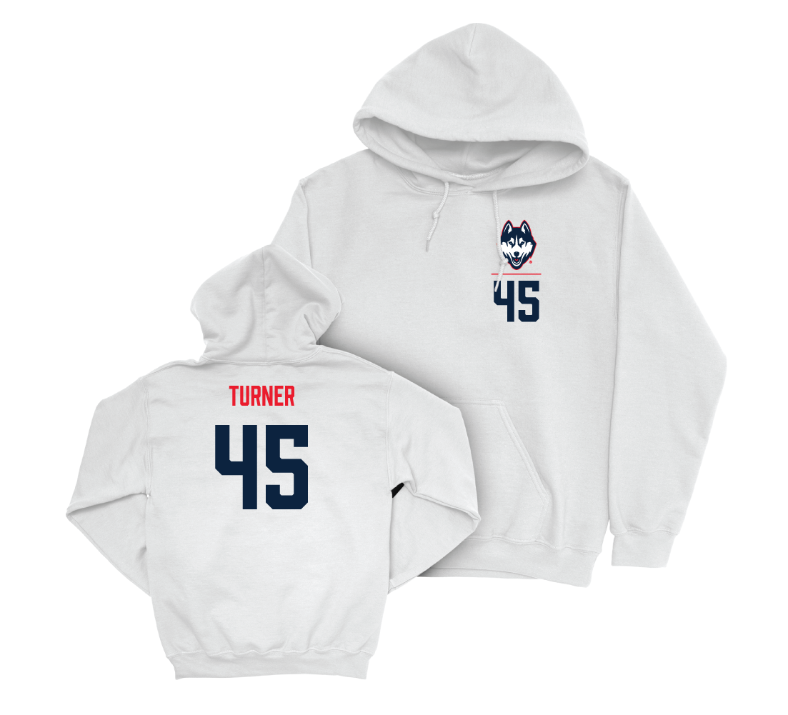 UConn Football Logo White Hoodie - Seth Turner | #45 Small