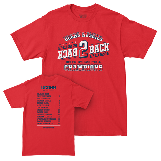 UCONN MBB 2024 National Champions Back to Back Graphic Red T-shirt