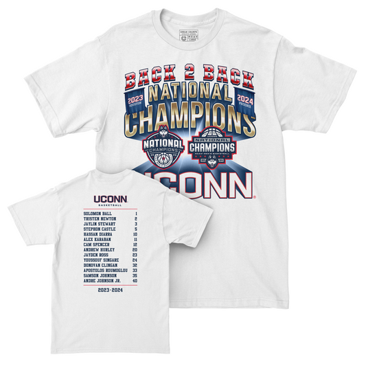 UCONN MBB 2024 National Champions Back to Back Banners White T-shirt