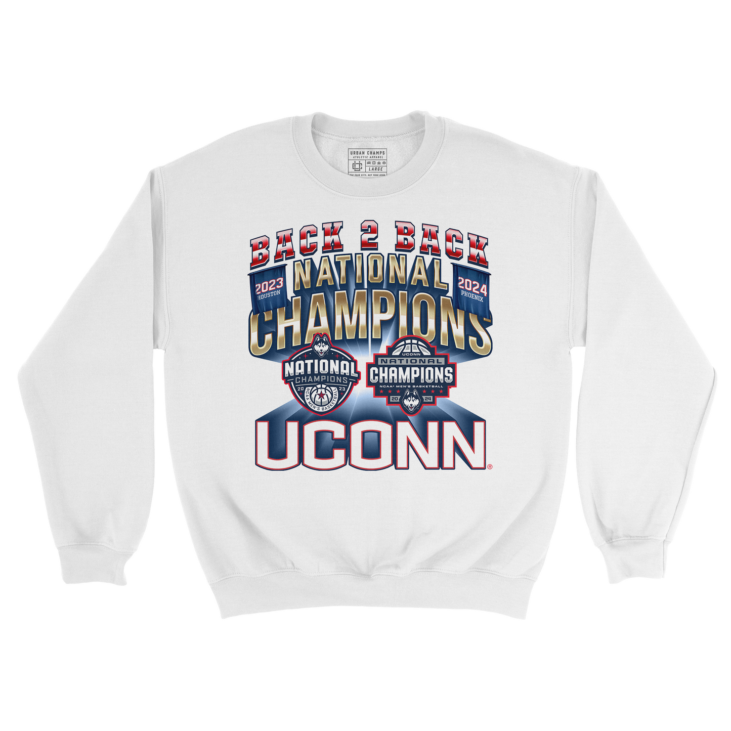 UCONN MBB 2024 National Champions Back to Back Banners White Crew